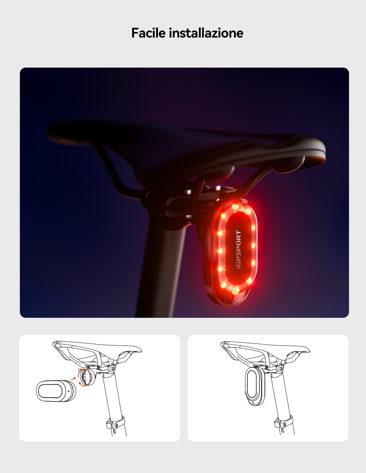 iGPSPORT SRmini Rear Light Bike Radar, 20 ore Battery Distance Vision 1.6 km Brake Detection Auto On/Off Function, MAX 65 lumen, Ant+, Bluetooth 5.0, IPX7