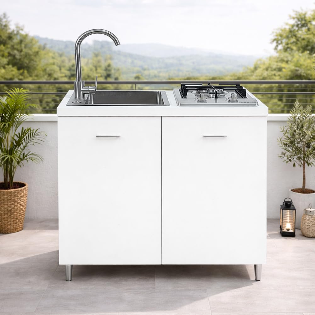 Shally Dogan Cocina completa monobloque 80 x 60 x 85 cm, placa de cocción de 2 fuegos y fregadero con 3 accesorios de acero galvanizado 50 x 40 cm, grifería completa con fuente y accesorios incluidos