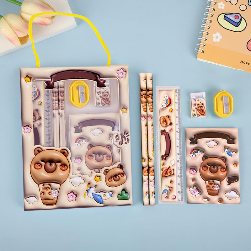 Image of 6-Piece Creative Stationery Set, Complete Set of Learning Supplies, Portable Stationery Gift Box Six in One, Suitable for Birthday Gifts, Daily Writing, Artistic Handicraft Use(Capybara Set-Brown)