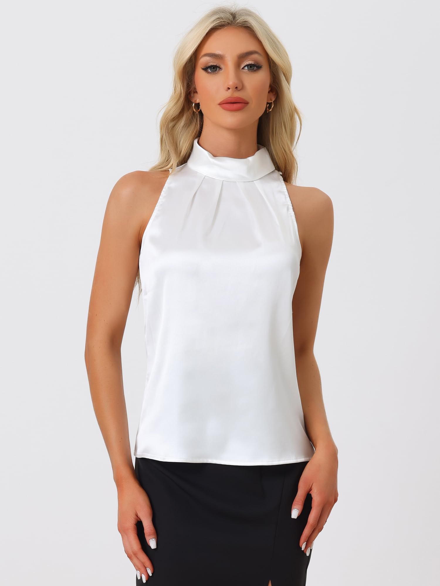 Allegra K Débardeur en Satin Femme Chemisier sans Manches Col à Nouer Haut de Travail Élégant pour Bureau
