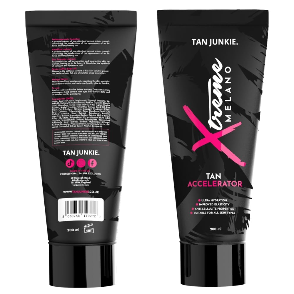 Tan Junkie | Xtreme Melano Sunbed Tanning Accelerator Cream with Green Coffee Bean & Sea Lavender, Vitamin Enriched for Ultimate Glow, Hibiscus & Mango Scent | 200ml