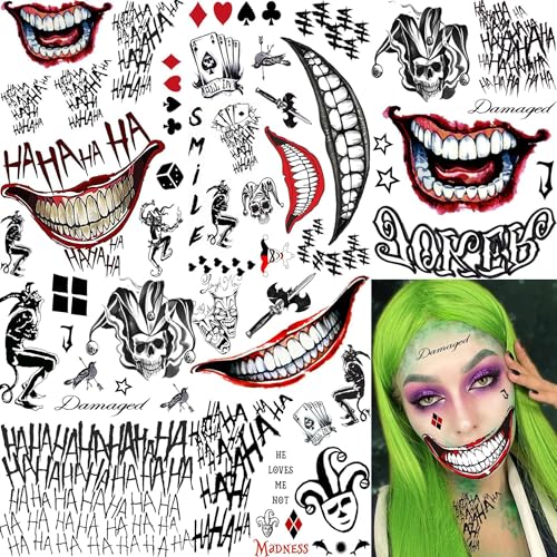 5 Sheets Joker Tattoos Stickers Hand Damaged Joker Face Tattoos For Women Men Adults 3D Fake Halloween Temporary Tattoos Makeup Kit Set Clown Inmate Prison Scary Halloween Makeup Accessory Costume