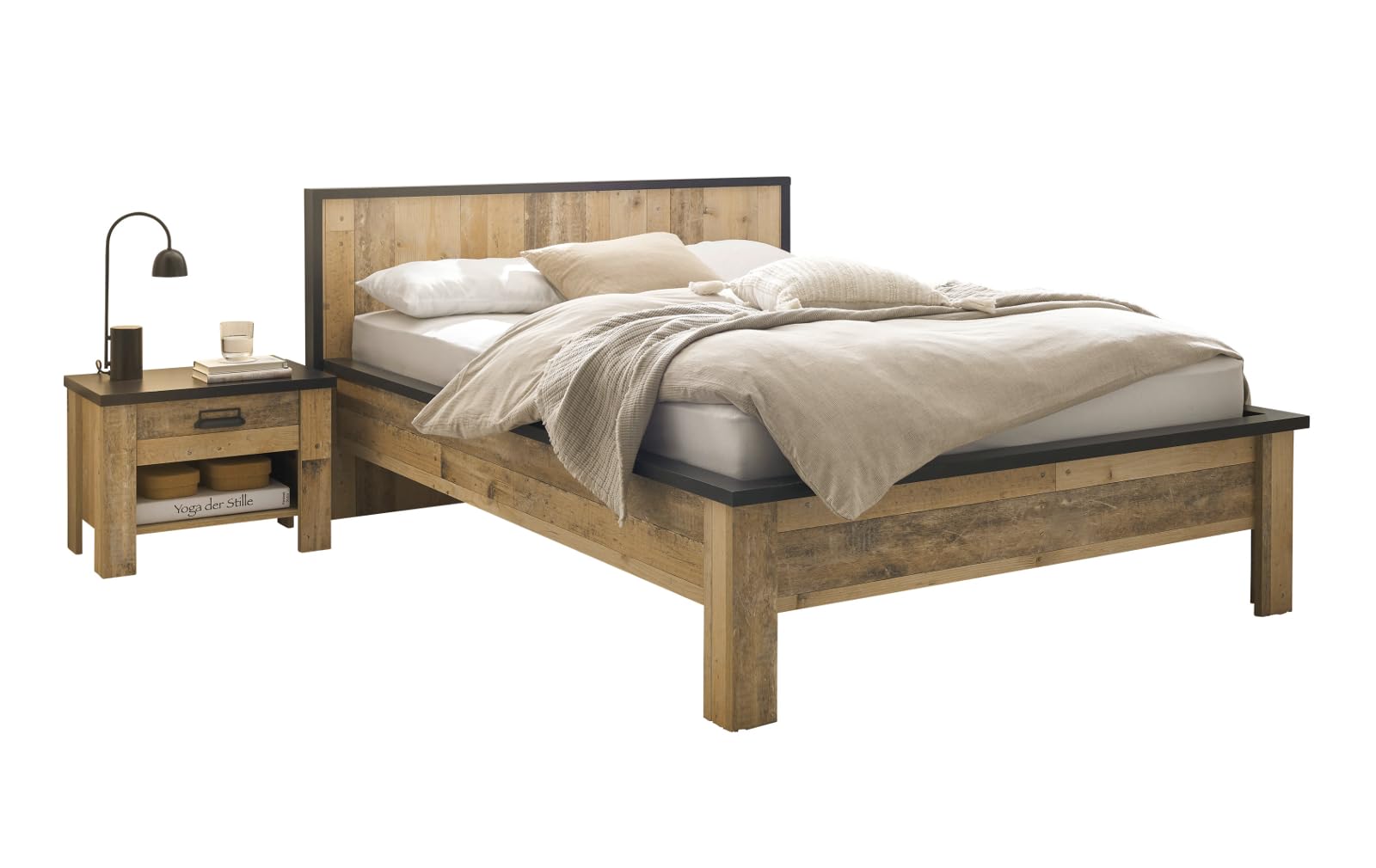 Schlafzimmer Set in Used Wood hell Holz und grau/anthrazit mit Einzelbett Liegefläche 140 x 200 cm und 2X Nachttisch Schlafzimmermöbel Kombination 2-teilig Stove (Set 2)