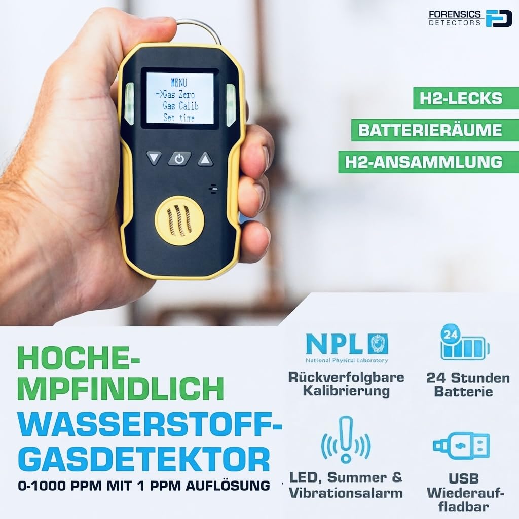 Wasserstoff-Gasdetektor (H2) | EU-Kalibrierzertifikat | USB-Aufladung | Akustische, Optische und Vibrationsalarme | 0–1000 ppm H2