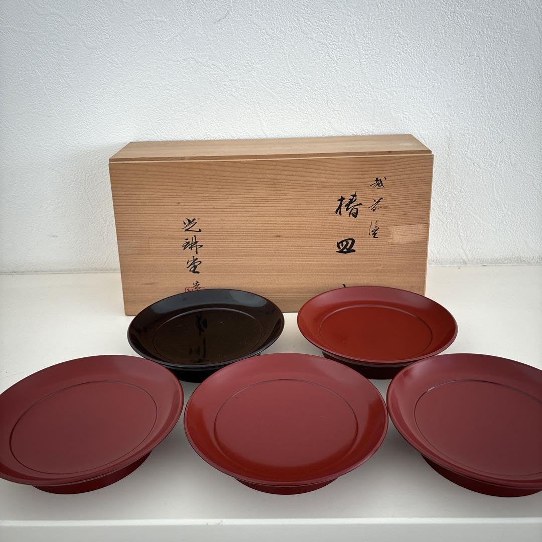 越前塗　椿皿　光琳堂　五枚セット　箱入り未使用 □越前塗 椿皿5客揃い□光琳堂・木箱付・和食器・漆塗り・工芸品