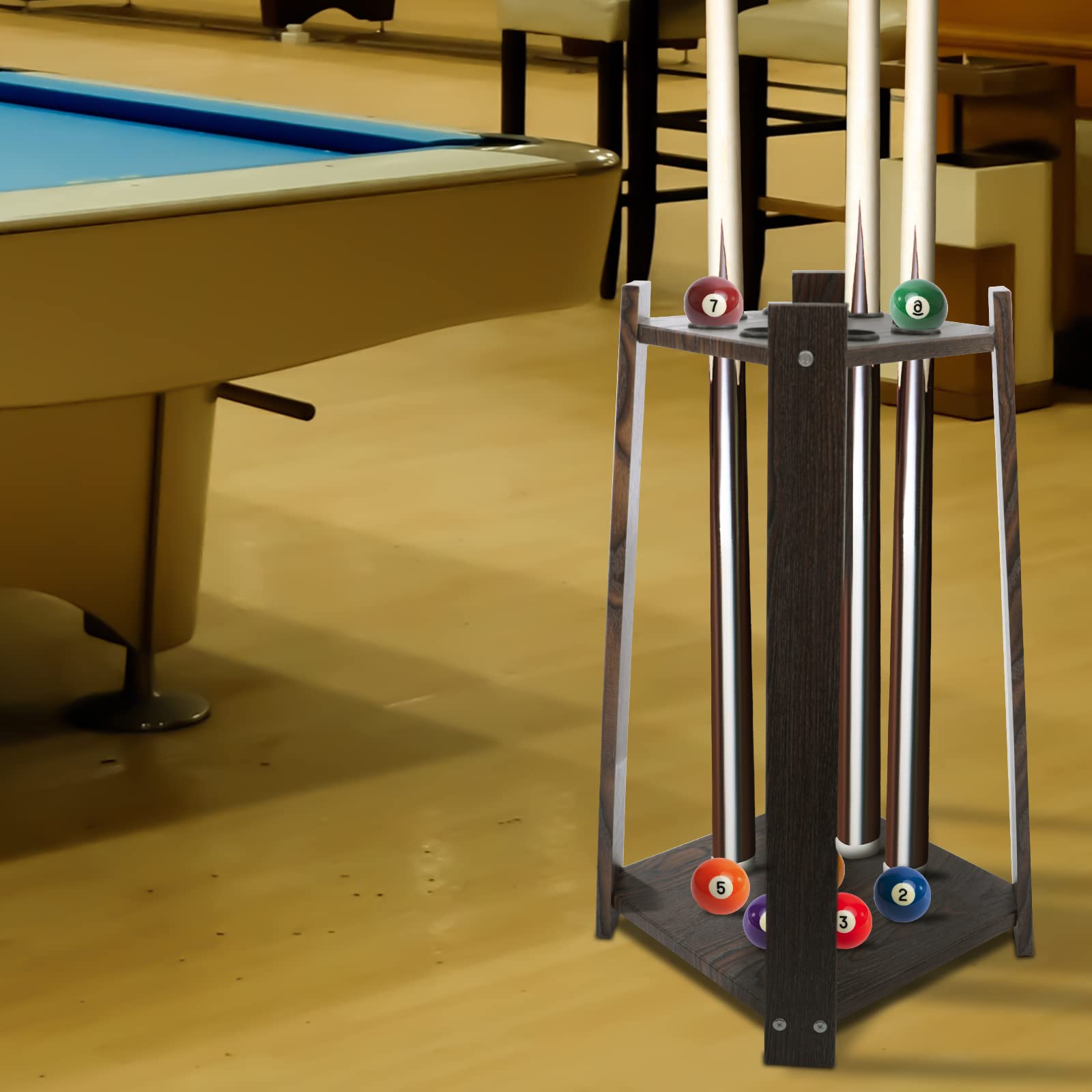 Soporte para Tacos de Billar de Pie con 8 Huecos Organizador de Madera Maciza Multifuncional para Sala de Juegos, Bar y Club, Rack Estable y Ahorro de Espacio para Palos de Billar