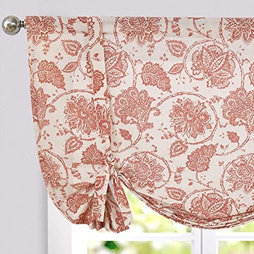 jinchan Tie Up Curtains for Kithcen Living Room Adjustable Tie-up Shade Linen Textured Rod Pocket Medallion Design Jacobean Floral Printed Valance 1 Panel 63 inch Terra on Beige