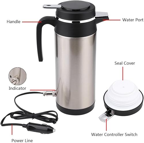 Miniatura 6 de Qiilu 40.6 fl oz Hervidor eléctrico para coche, botella de agua caliente, 12 V, acero inoxidable, encendedor de cigarrillos, calefacción, taza de