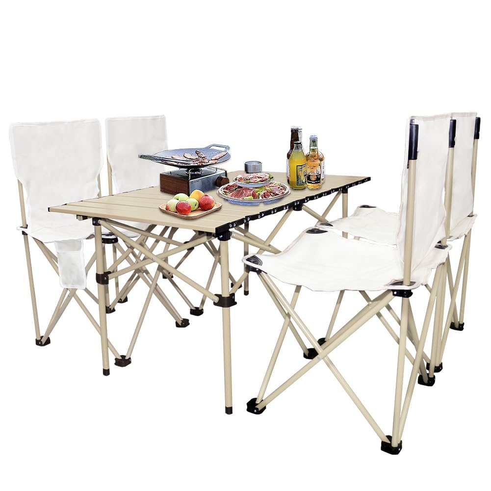 MOMENT Camping Table and Chairs, Folding Picnic Table and Chairs 4, Roll-Up Foldable Table Set with Large Storage and Carrying Bag for Indoor Outdoor BBQ Party Fishing Beach, 95cm (L) X 55cm(W)