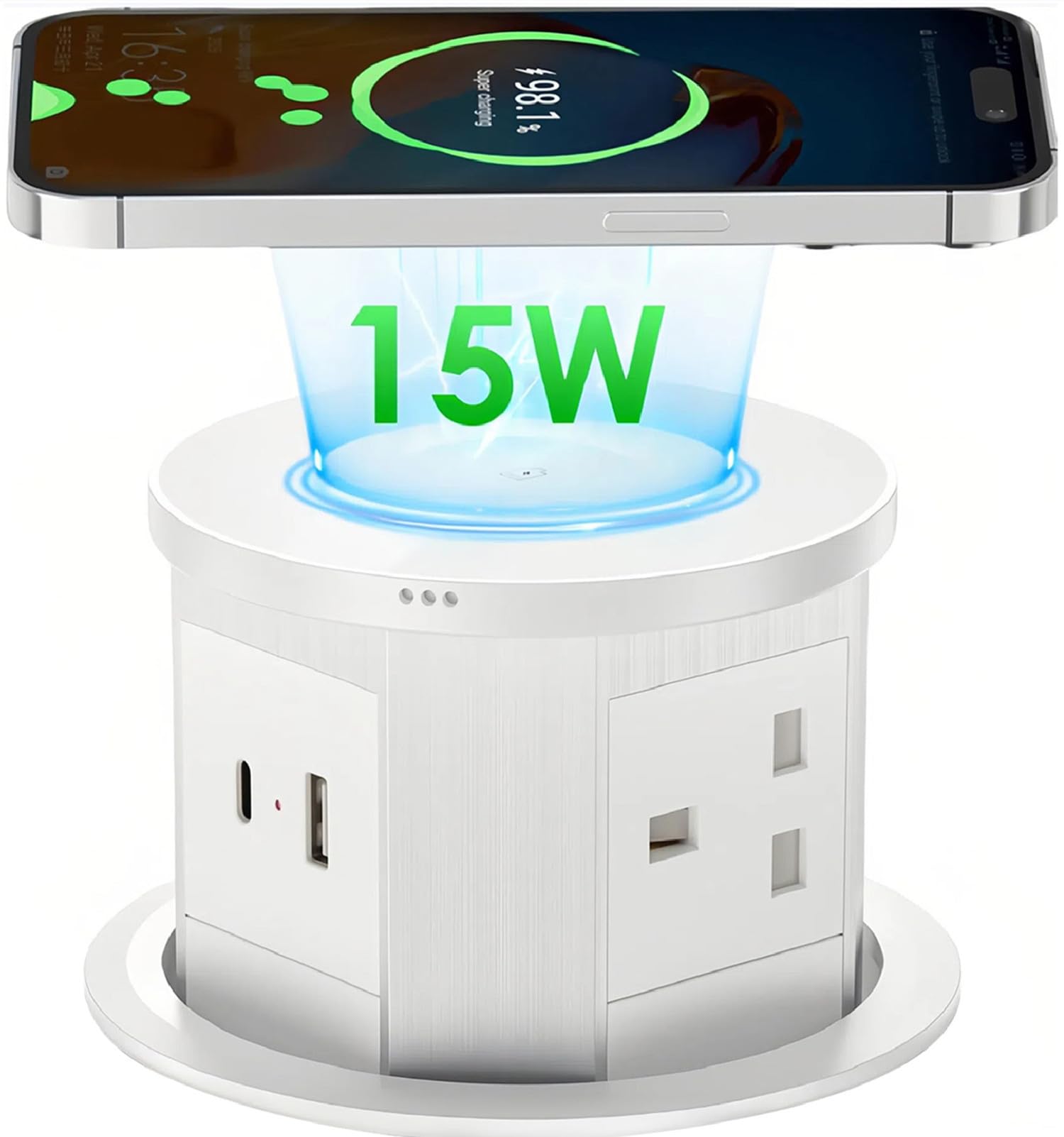 Pop up Socket, Pop up Power Sockets with 15W Wireless Fast Charger, Safe Touchscreen Automatic Pop up Extension Socket with USB & Type C Port for Home Office Kitchen Worktops Desktop, White