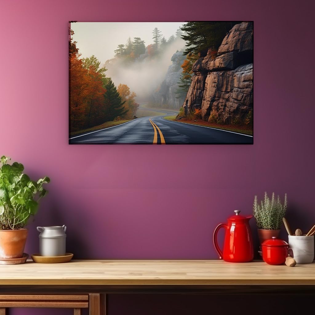 Canvas for Living room. Whispers of Autumn Mystery A Journey Through the Fog-Enshrouded Forest Road, 27 x 18 inch Canvas Wall Art - Contemporary Masterpieces - Modern Home Decor