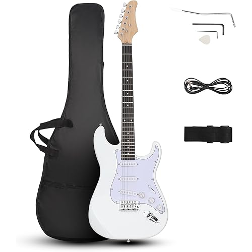 Ktaxon 39 Inch Electric Guitar, Full-Size Beginner Solid Body Electric Guitar Kit with Gig Bag, Strap, Tremolo Bar, Cable & Picks (White)