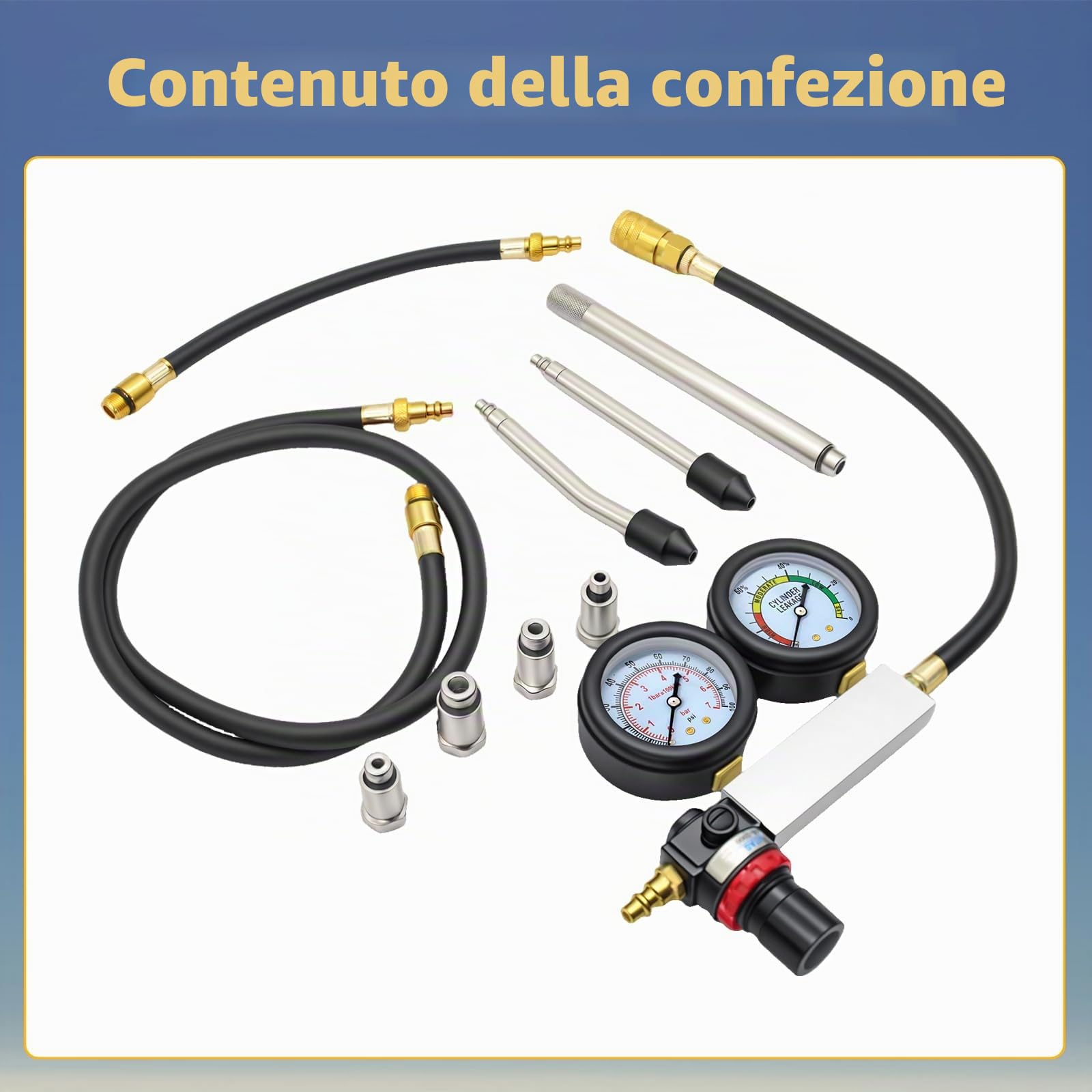 TU-21 - Kit di prova di perdite per motore a benzina, doppio manometro, per test di pressione e velocità di dispersione, con asta di prolunga, 0-100 psi, 0-7 bar