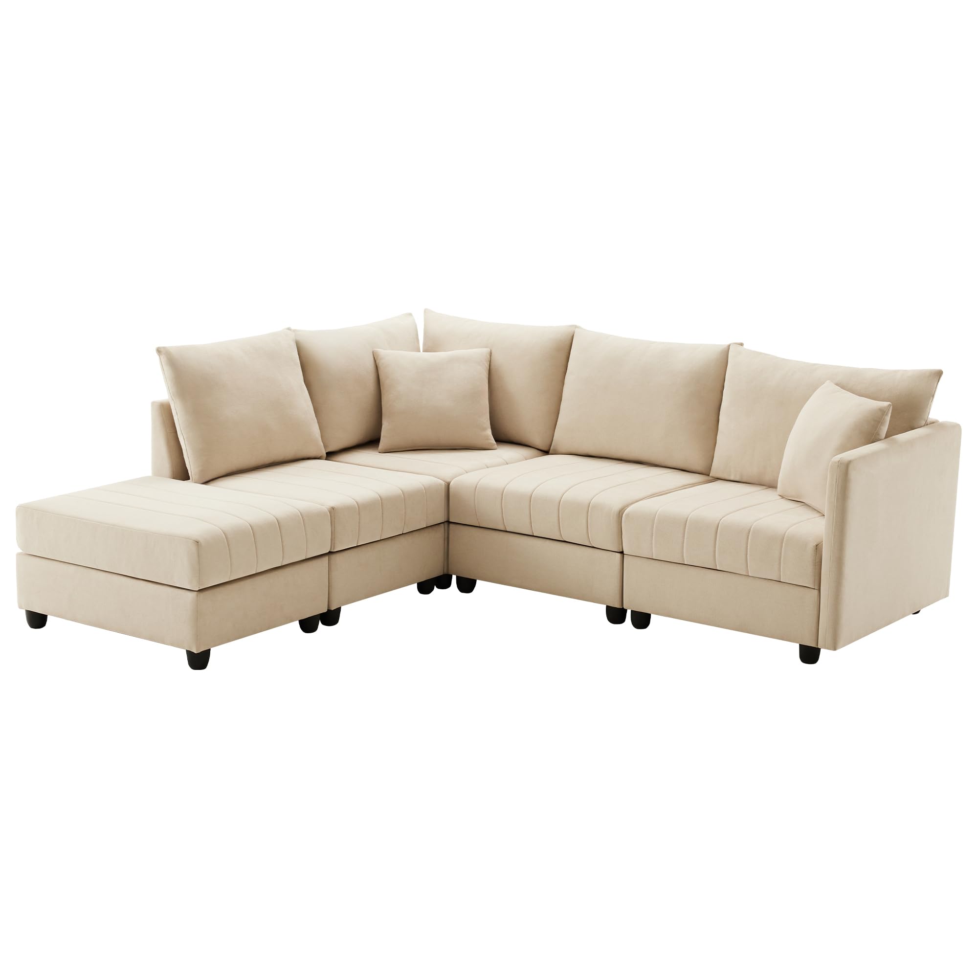 Kebnor Sofá de esquina moderno con rayas verticales, sofá de 5 plazas, con reposapiés convertible, sofá en forma de L, en forma de U, adecuado para sala de estar, apartamento, etc. (Beige)