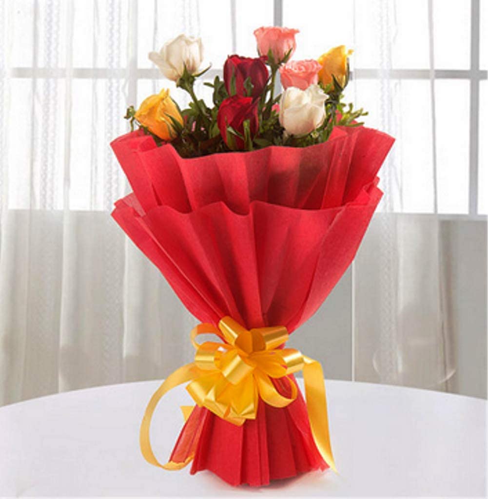 Mother's Day Special Fresh Flowers Bouquet of 08 Mixed Roses in Paper Wrapping, Bunch of 08 (Multicolour Rose)-image-10