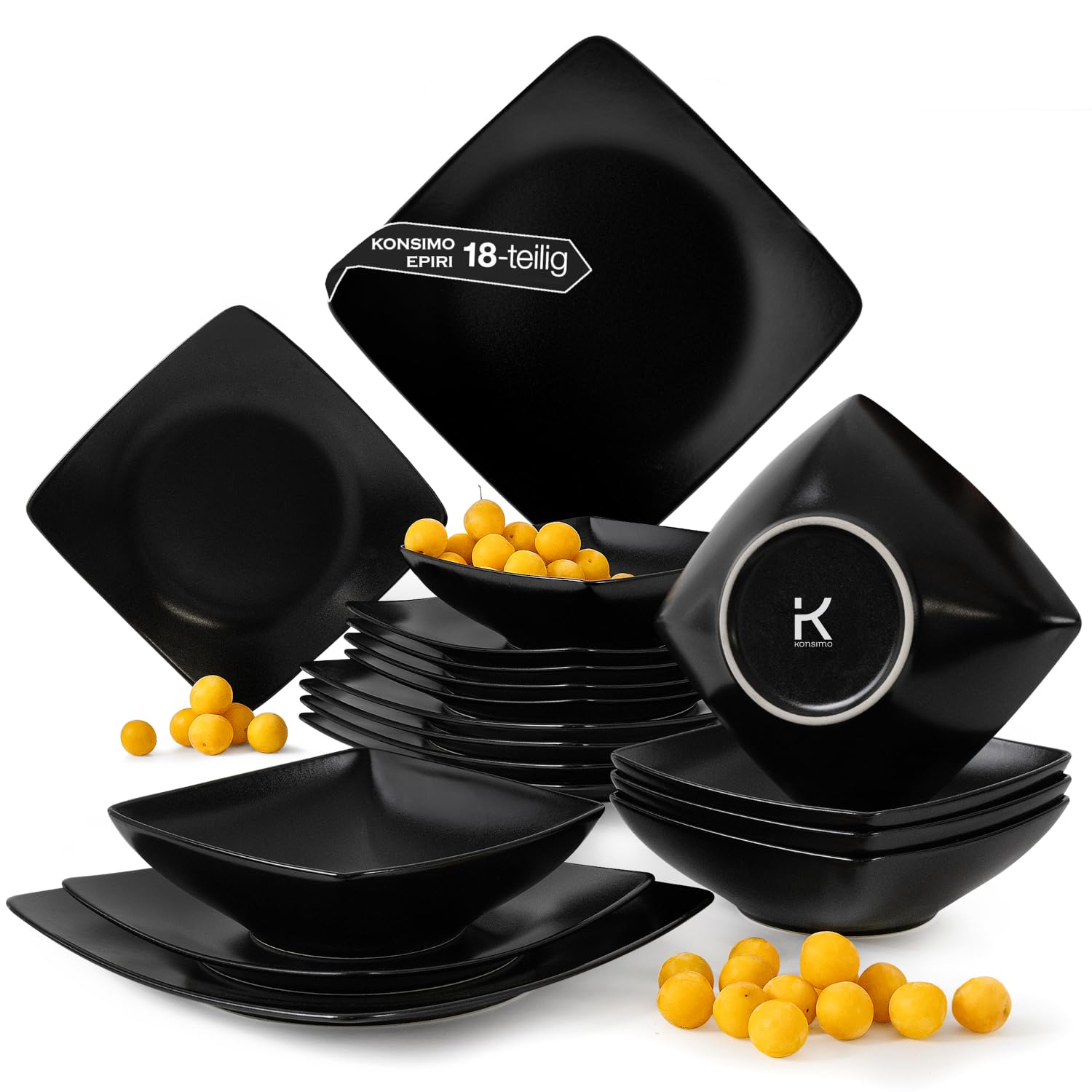 KONSIMO EPIRI Geschirrset 6 Personen, 18-teiliges Tafelservice aus Steinzeug – Modernes Teller Set mit Speisetellern, Frühstückstellern & Schalen Geschirr Set (Schwarz Matt, für 6 Personen)