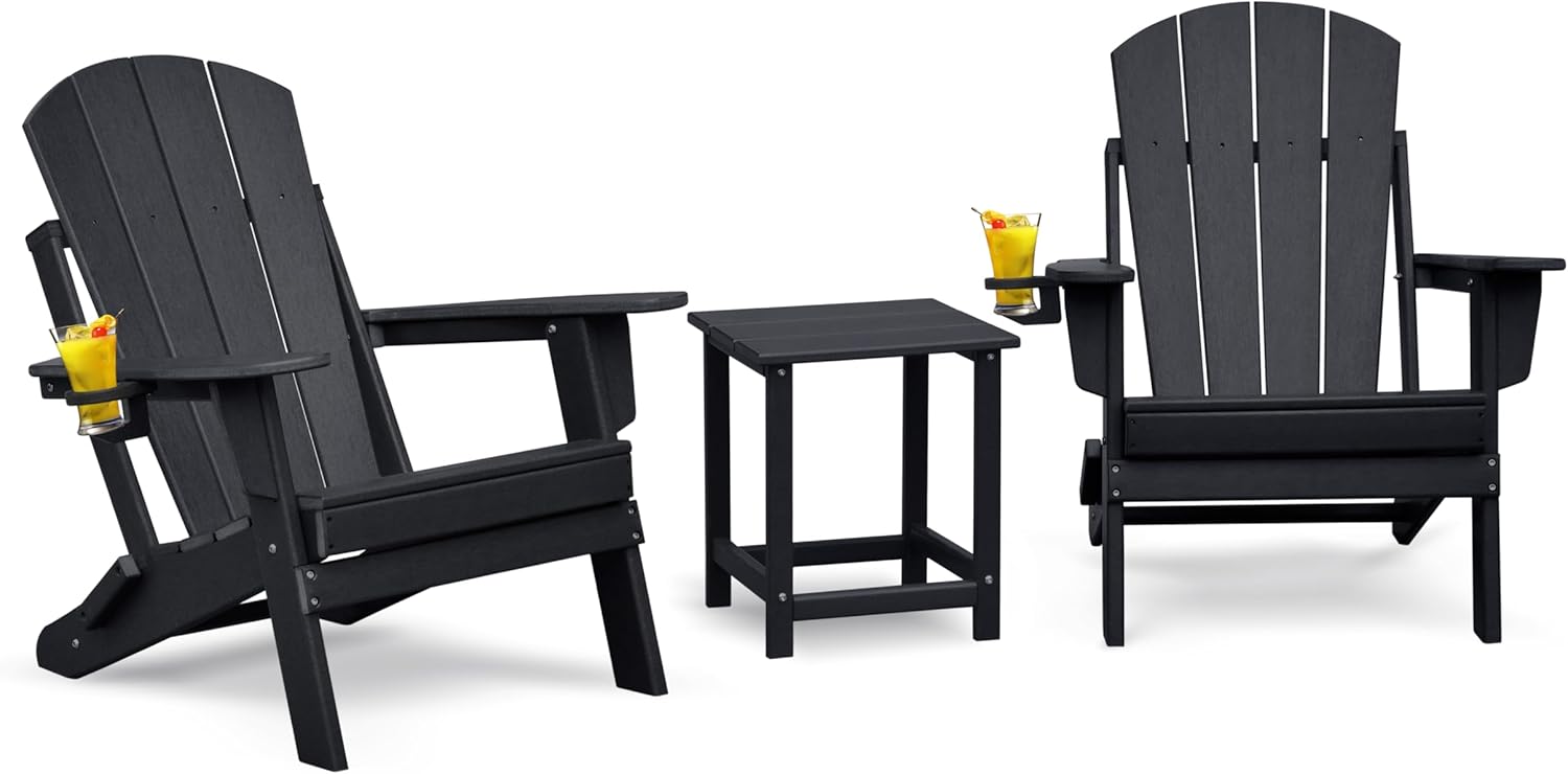 Skypatio 3 Pieces Folding Adirondack Chairs Set, Weather Resistant Adirondack Chairs Set of 2 with Cup Holder, 1 Side Table, 380 lbs Weight Capacity Portable Patio Fire Pit Chairs (Black)