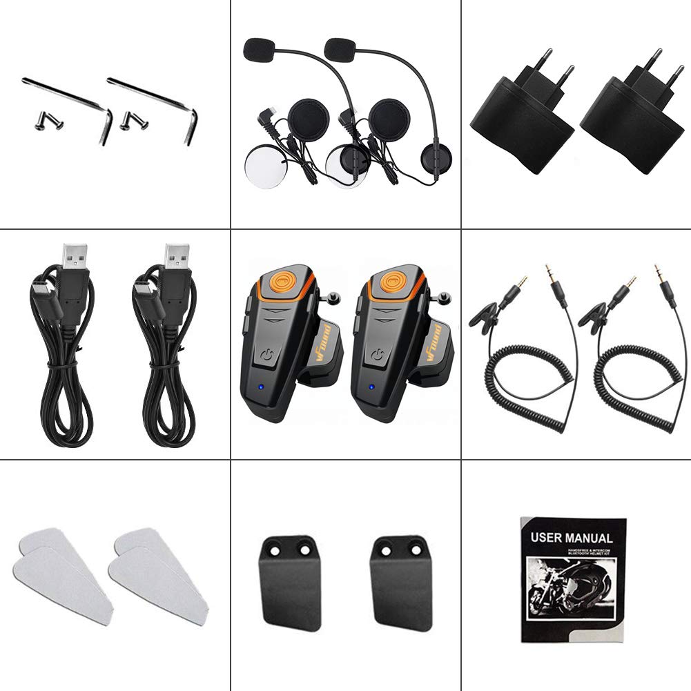 Qaurora BT-S2 1000 M Bluetooth Headset Impermeable, Casco Intercomunicador Interphone Móvil para 2 o 3 Jinetes y 2,5 mm de Audio para Walkie Talkie GPS (2 Pieza)