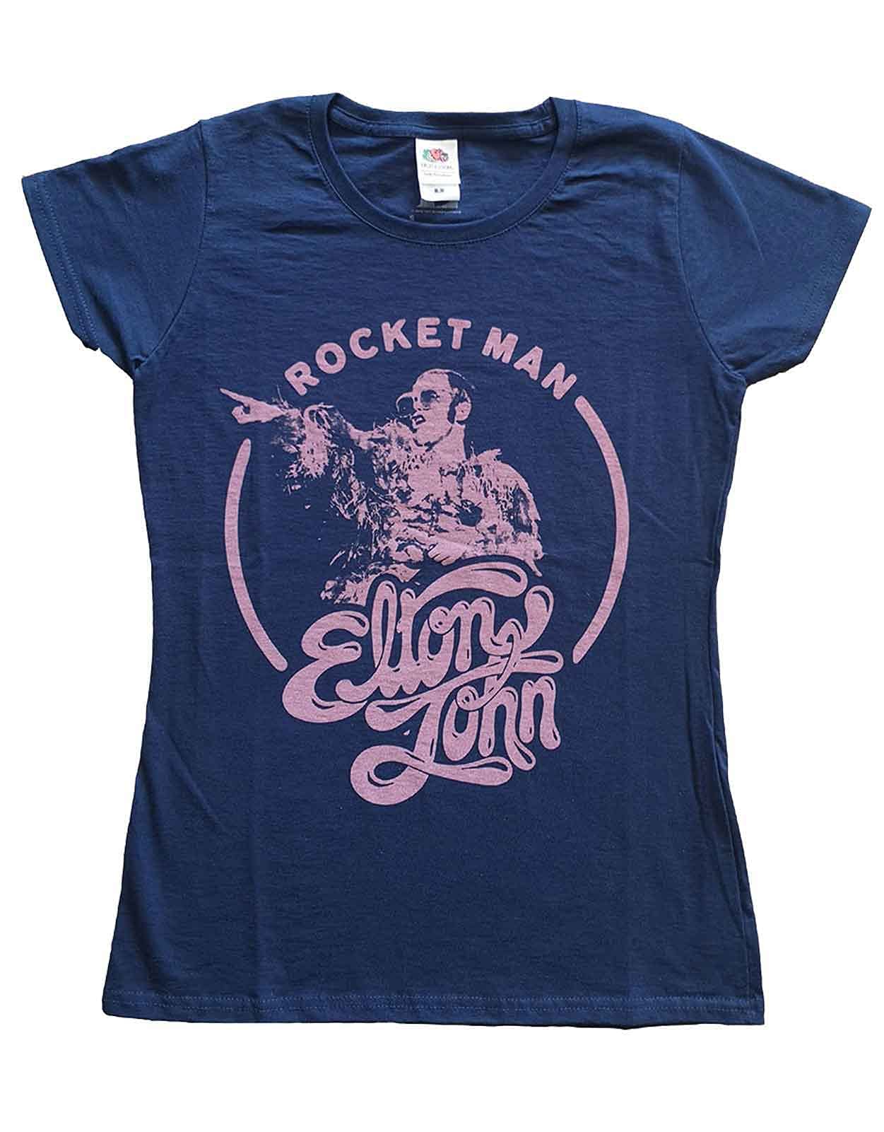 Rock Off Officially Licensed Products Women's Blue Elton John T Shirt Rocketman Circle Point Official Skinny Fit Navy S
