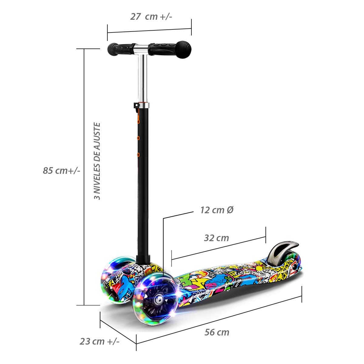 Patinete Plegable Calma Dragon Con Luces LED – 3 Ruedas, Altura Ajustable Para Niños De 2 A 12 Años