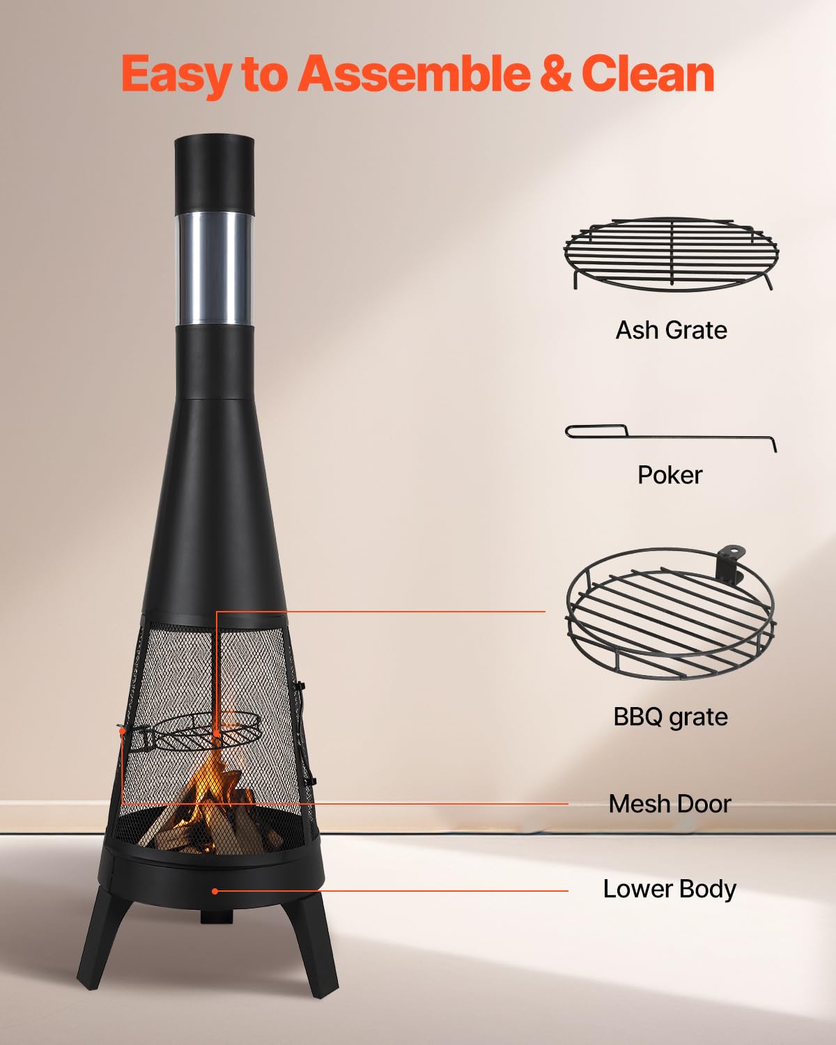 VEVOR Gartenkamin, φ508x1495 mm Terrassenofen, konischer Kamin zum Grillen & Wärmen, Aztekenofen für draußen mit Grillgitter, Kaminmantel & rostfreiem Kamindeckel, für Terrasse, Garten, Hinterhof