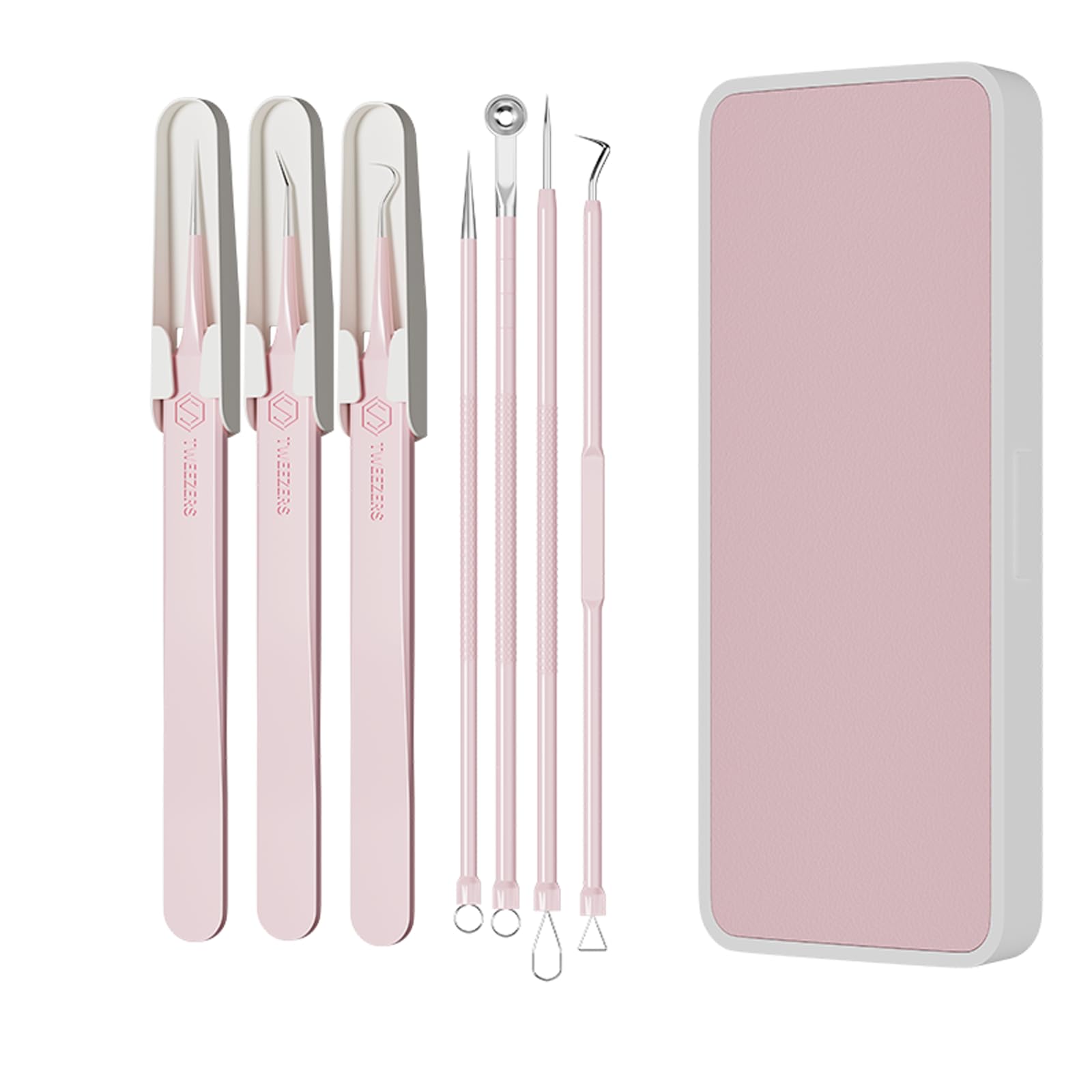 Mitesserentferner Set 7-tlg. Smbrige Pickelentferner | Pickel Ausdrücken Werkzeug für reine Haut | Blackhead Remover in Farbiger Box, Zartrosa