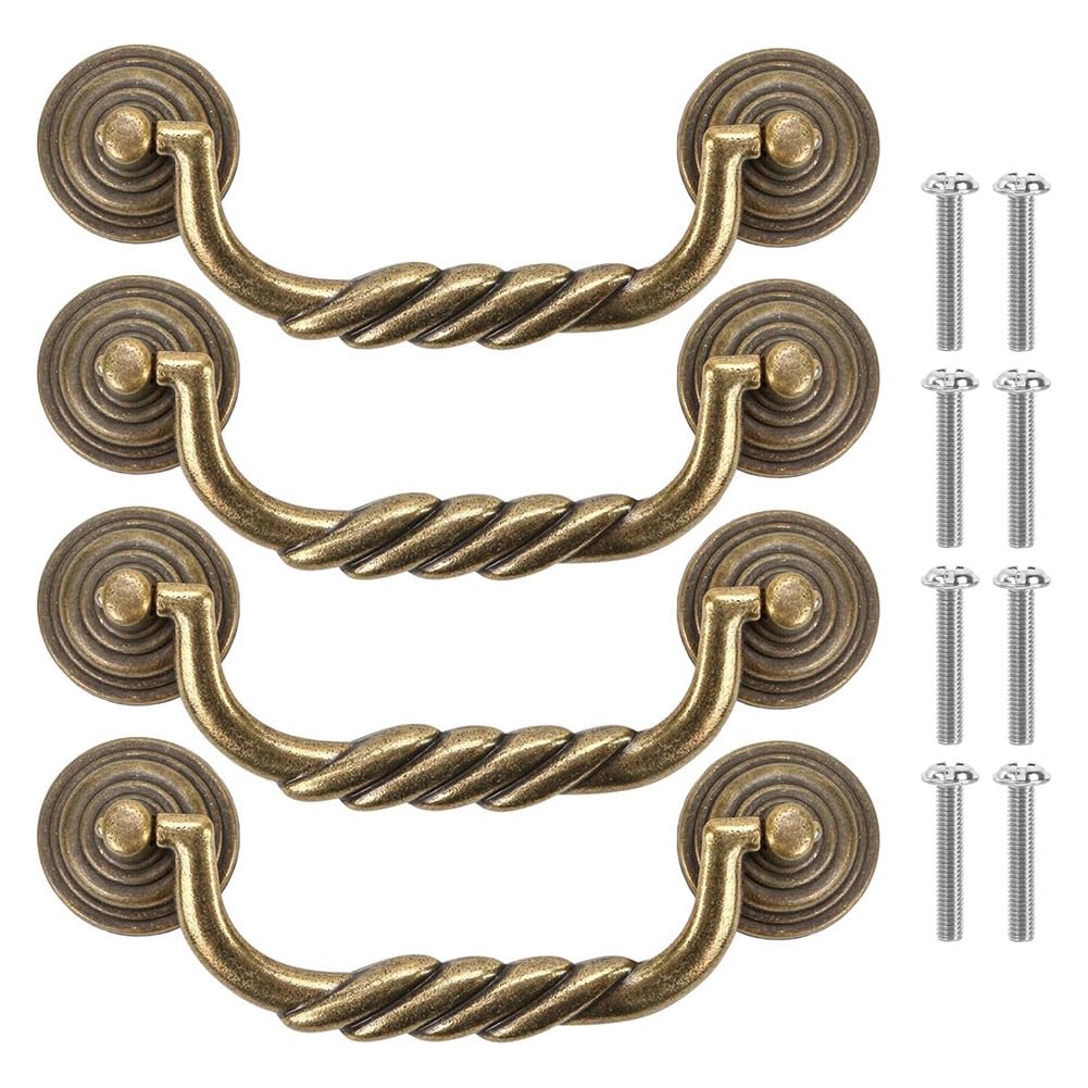 Jnchdghwa Vintage Style Brass Handles, 4.5" C-C-Center Drawer Pulls, Antique Bronze Bail Drop Swing for Dresser Cabinet Knob