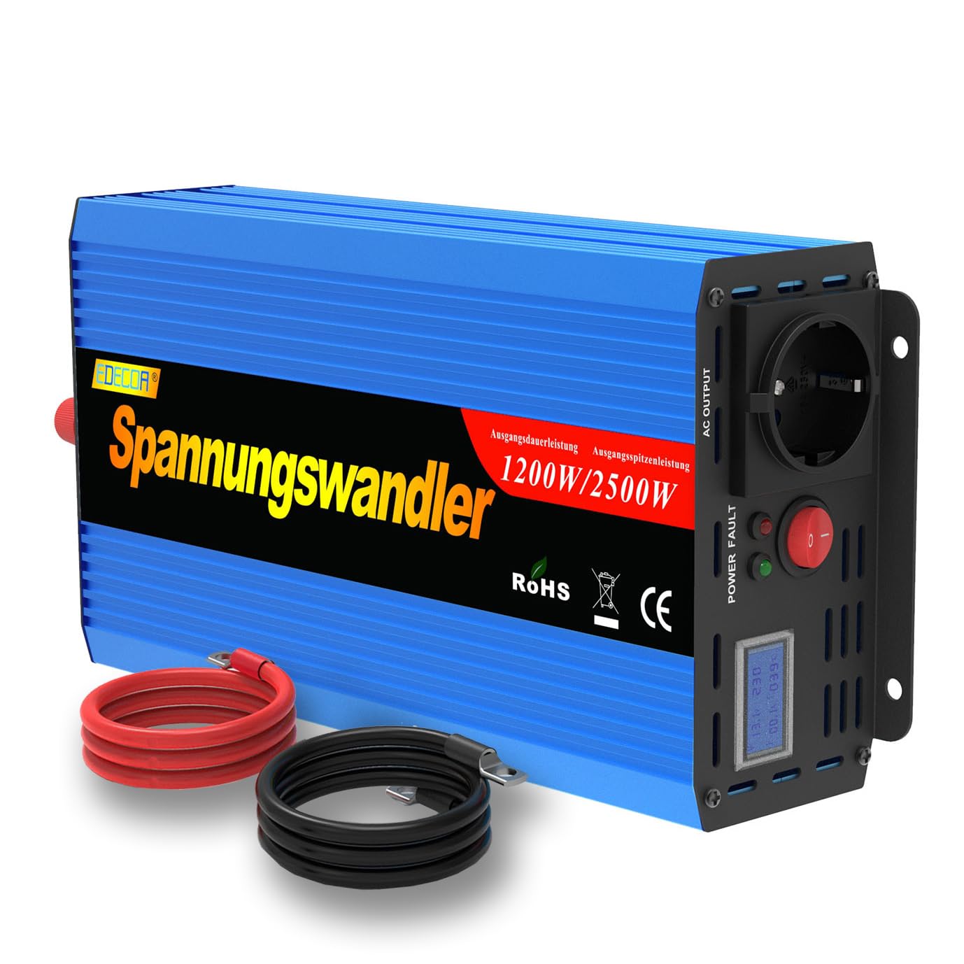 Фронт view of the EDECOA 1200W inverter showing the LCD display, AC outlet, and DC input terminals.