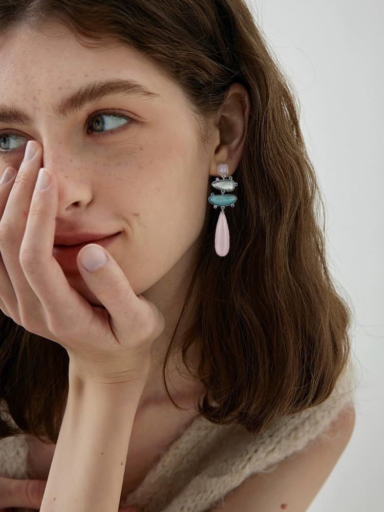 Yomisa Boho Dangle Earrings for Women Gold Silver,Statement Earrings Amethyst Jade Pearl Drop Dangle Earrings for Women Trendy Jewelry Gifts,Lightweight Western Handmade Natural Stones Drop Earrings