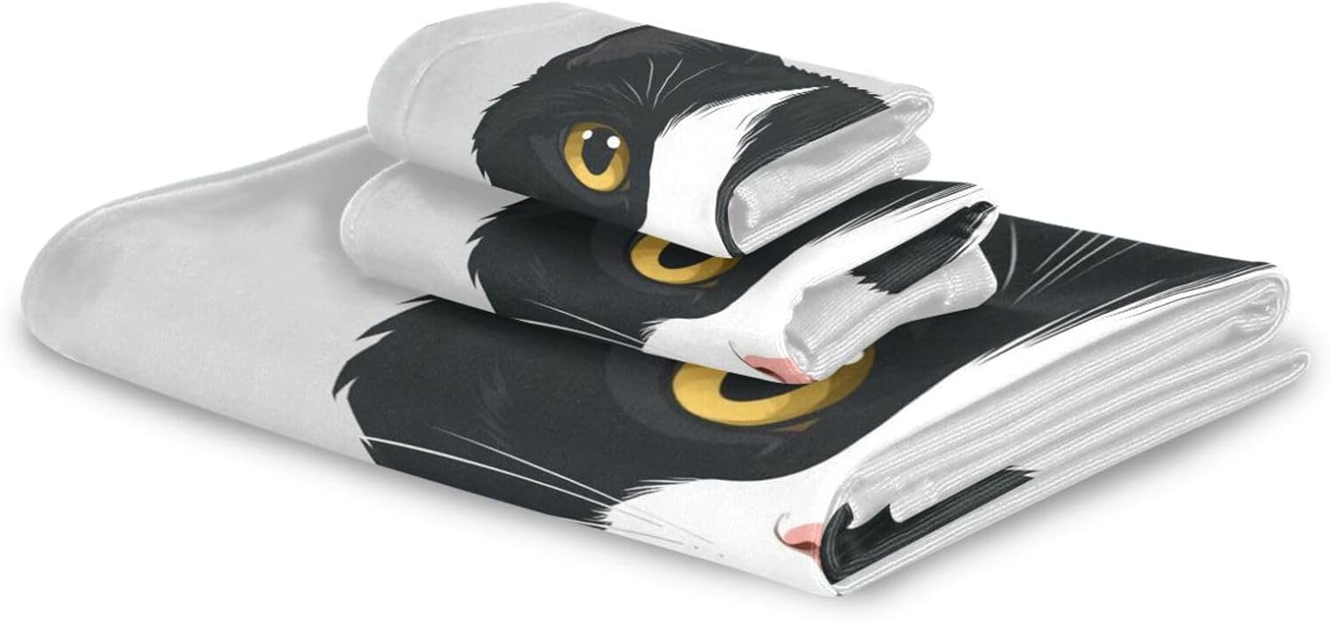 Cute Black White Cat Towel Set 3 Pcs Kitten Kitty Bath Hand Towels Washcloth Soft Thin Durable Towel Multipurpose for Home Bathroom Hotel Gym Swim Spa Decor