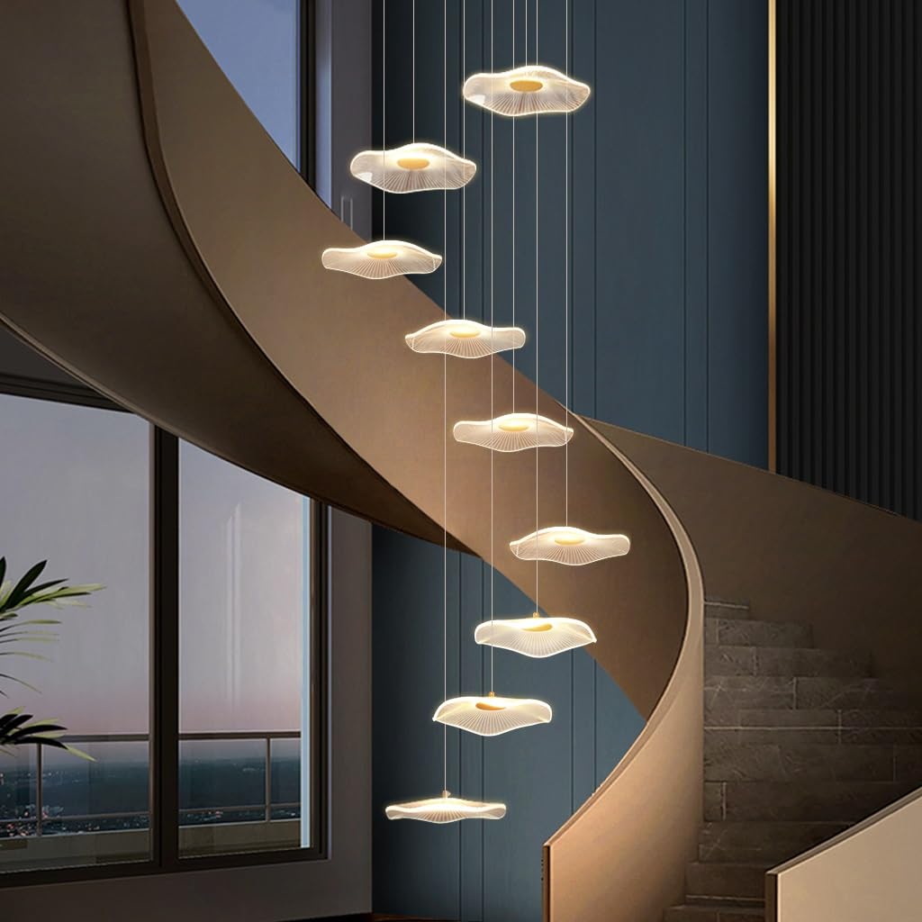 Lámpara Colgante Moderna En Forma De Hoja De Loto Dorada 12 Luces LED con Mando 3000K-6500K Altura Ajustable para Escaleras Villas Y Comedor Araña De Cristal En Aluminio Y Acrílico(9 Lights)