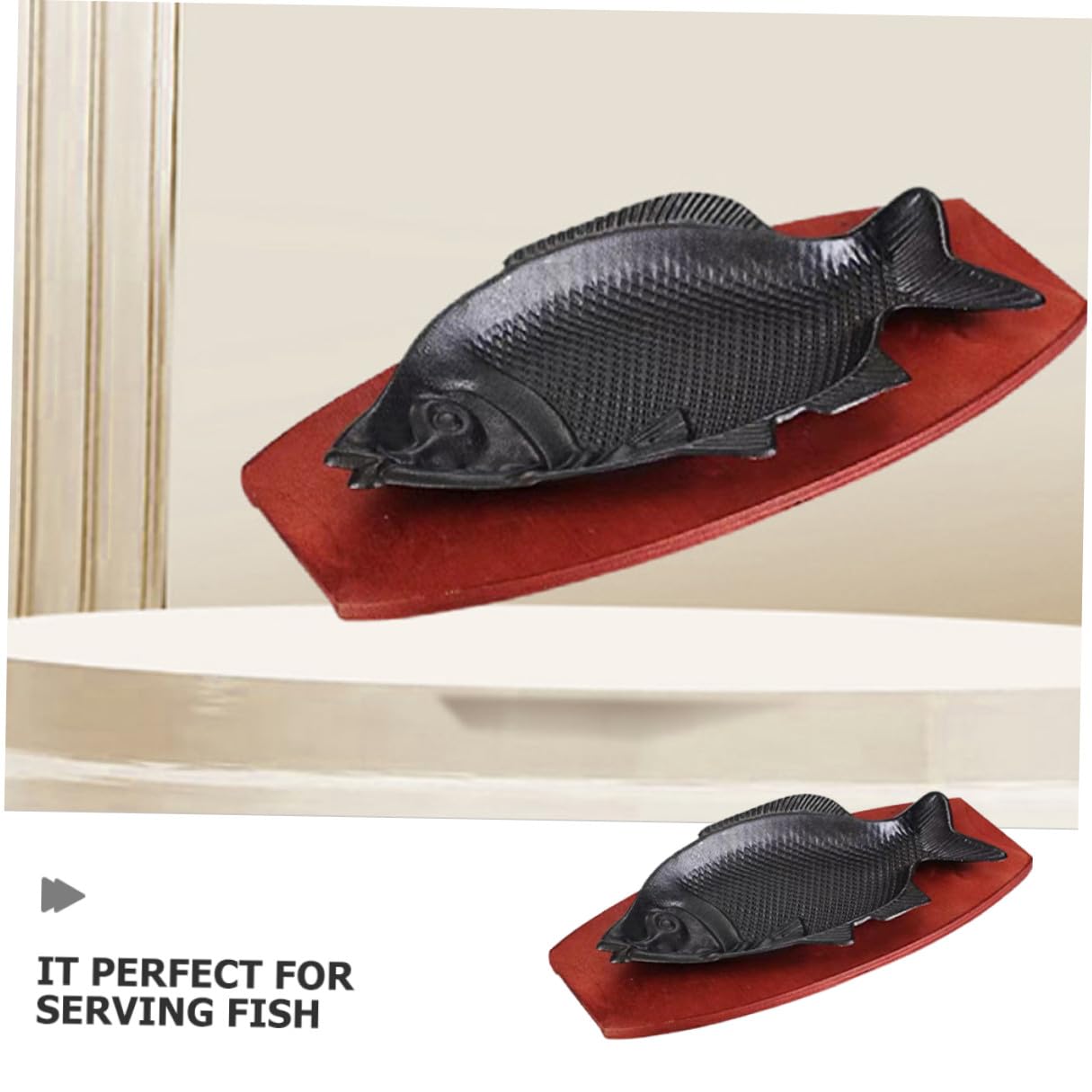 STOBAZA Bandeja de Pescado Resistente al Calor de Hierro con Base de Madera, Fácil de Limpiar, Adecuado para Restaurante y Servir Platos de Aperitivo con Forma de Pez