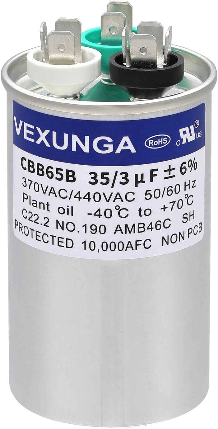 VEXUNGA 35/3 uF 35+3 MFD 370VAC or 440VAC Dual Run Start Round A/C Capacitor CBB65B 35 3 uF Air Conditioner Capacitors for AC Unit Fan Motor Start or Heat Pump or Condenser Straight Cool