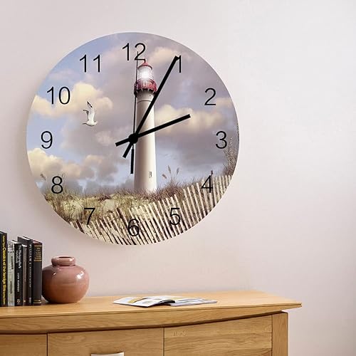 Reloj de pared silencioso de 12 pulgadas, sin tictac, funciona con pilas, hermoso faro de pastizal, nubes de cielo de ensueño lindas, gaviotas,