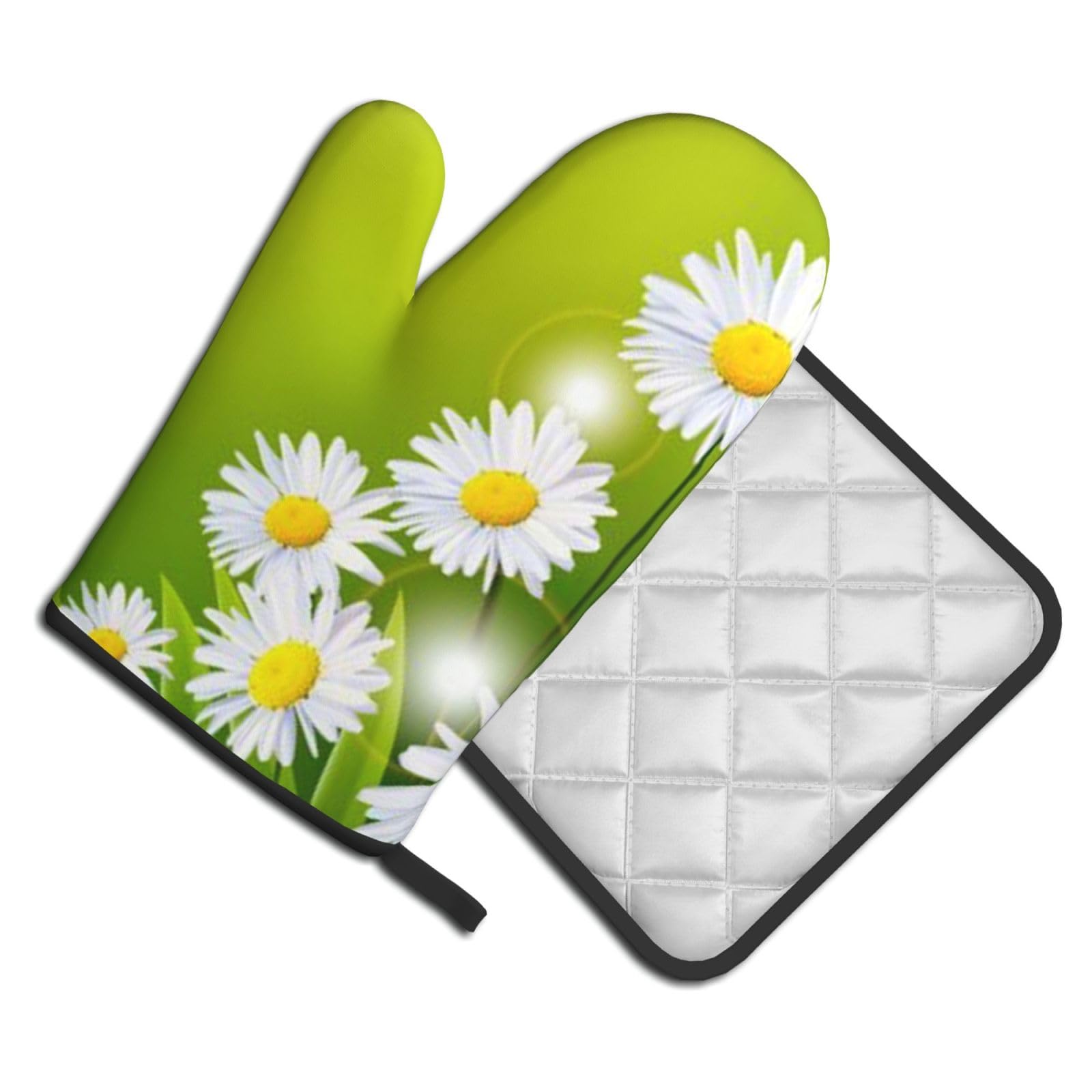 Oven Mitts and Pot Holders Set of 2 Pcs, Floral Flowers Daisies Printed Heat Resistant Kitchen Gloves Potholders for Cooking Baking Grilling