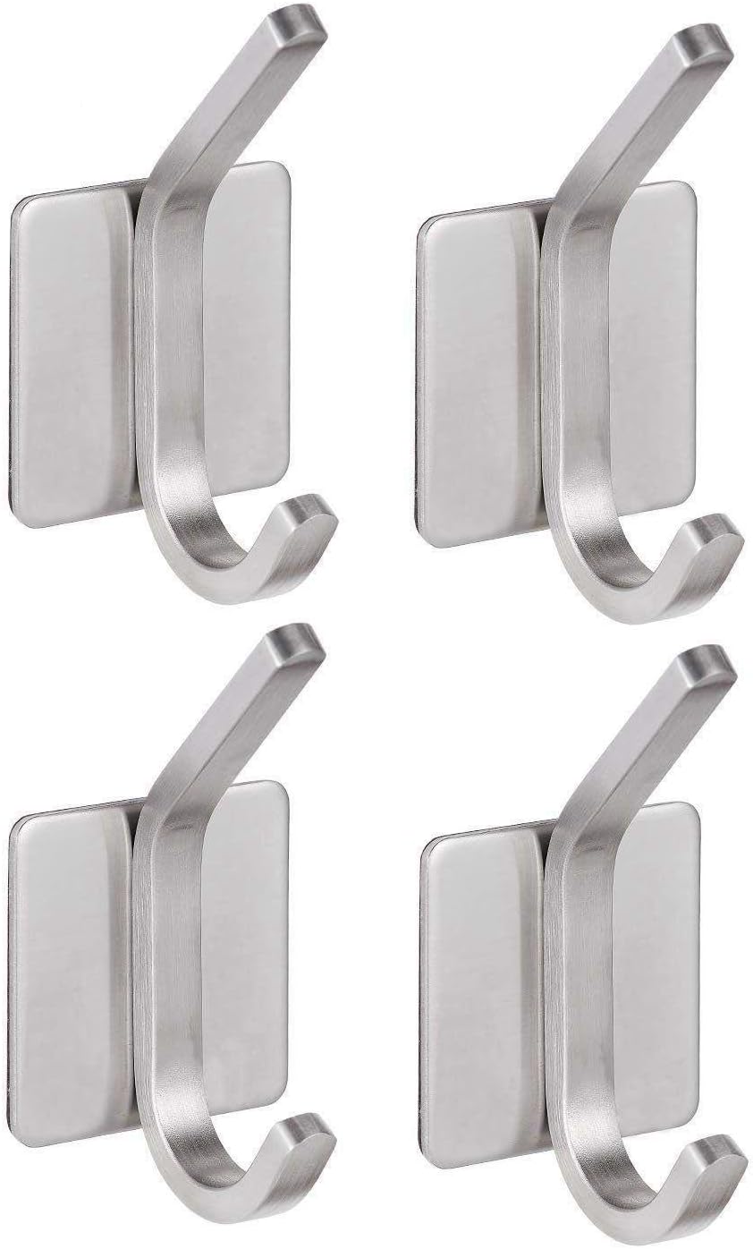 NEXCURIO Self Adhesive Hooks/Towel Hooks-Heavy Duty Wall Hanger Hanging for Robe Coat Bag Stick on Wall - Bathroom Kitchen Office Organizer, Brushed Stainless Steel (4 Pack)