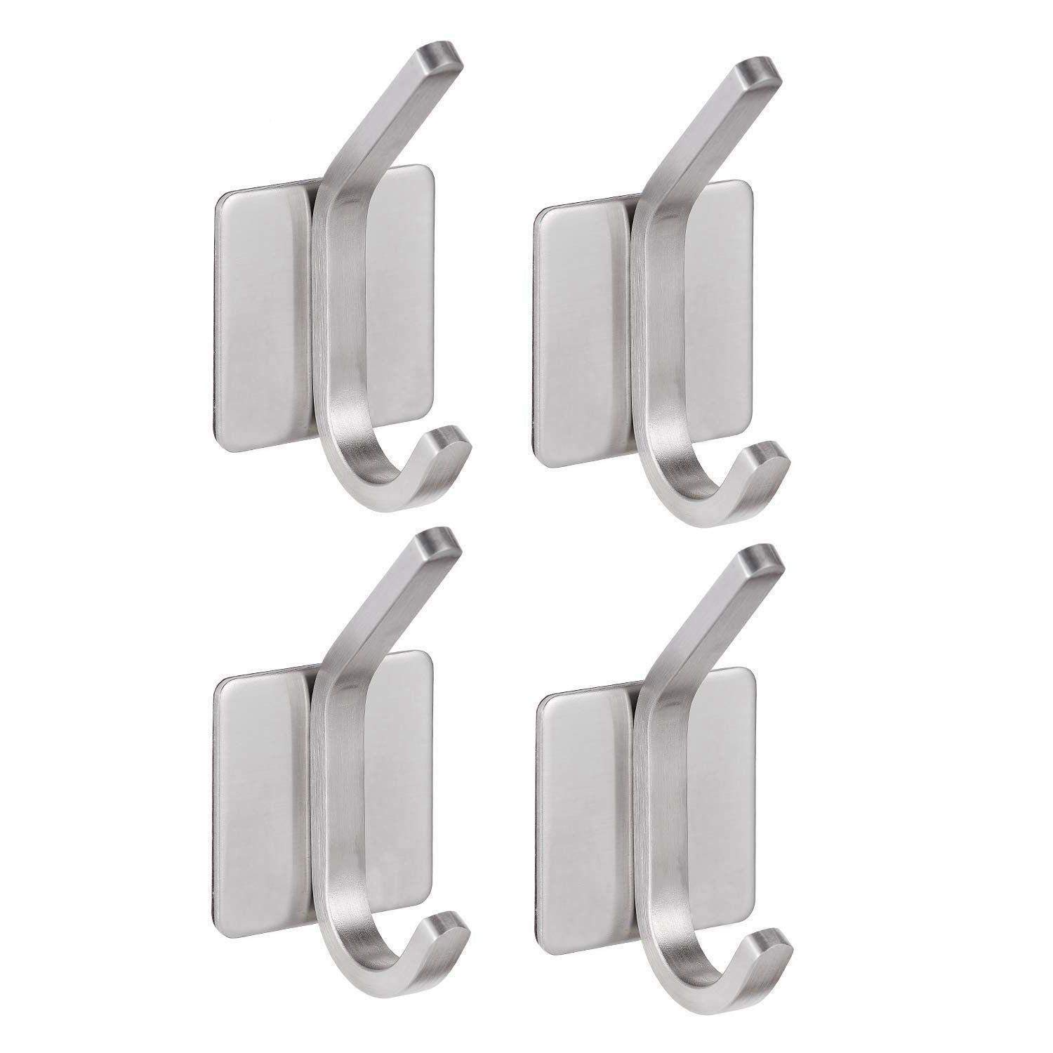 NEXCURIO Self Adhesive Hooks/Towel Hooks-Heavy Duty Wall Hanger Hanging for Robe Coat Bag Stick on Wall - Bathroom Kitchen Office Organizer, Brushed Stainless Steel (4 Pack)