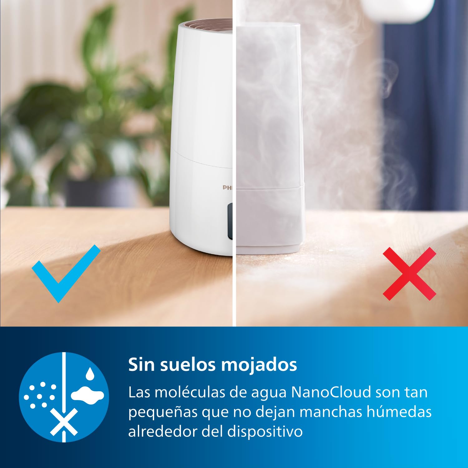 Philips Humidificador Serie 3000, 45 m², 99,97% menos bacterias (NanoCloud), 300 ml/h, 3 velocidades, Modo Sueño, Ultrasonido (33 dB), Sensor, Temporizador, Depósito 3L, Blanco (HU3916/10)