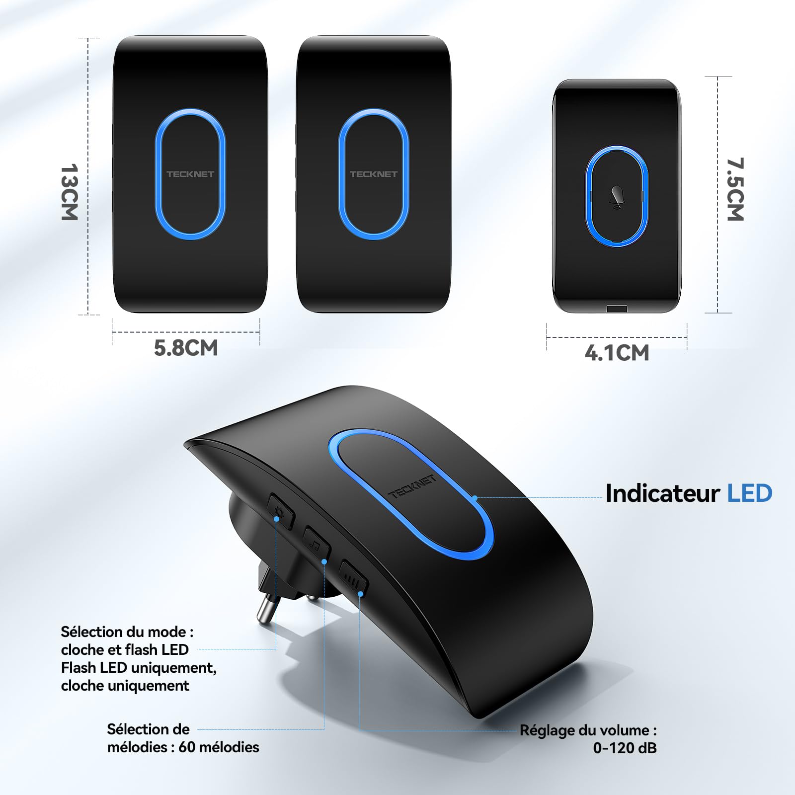 TECKNET Sonnette sans Fil Exterieur Etanche avec 2 Récepteurs, Portée de 400M, IP65 Etanche Carillon, 60 Mélodies et 5 Niveaux Volume, Indicateur LED Bleu, pour Maison, Hôtel -Noir