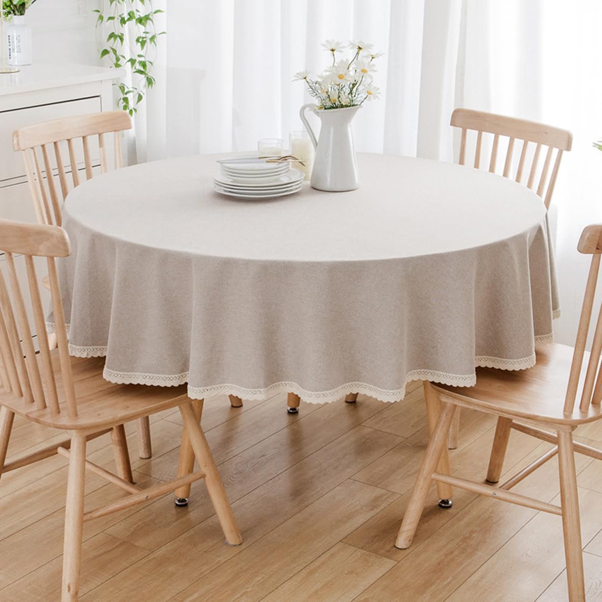 Mantel Redondo de Lino de algodón para mesas de Comedor, mesas de café Lavable a máquina Caqui Diámetro 280 cm