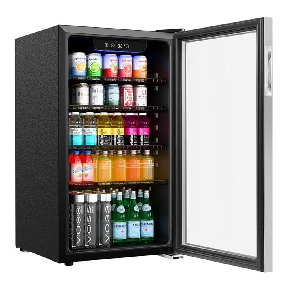 Pemberly Row 18" 3.2 Cu. Ft. Beverage Refrigerator, Black Finish, Tempered Glass Door, Digital Temperature Control, Illuminated Blue LED, Holds 119 Cans, Compact Merchandiser for Home or Commercial on Fridge.com