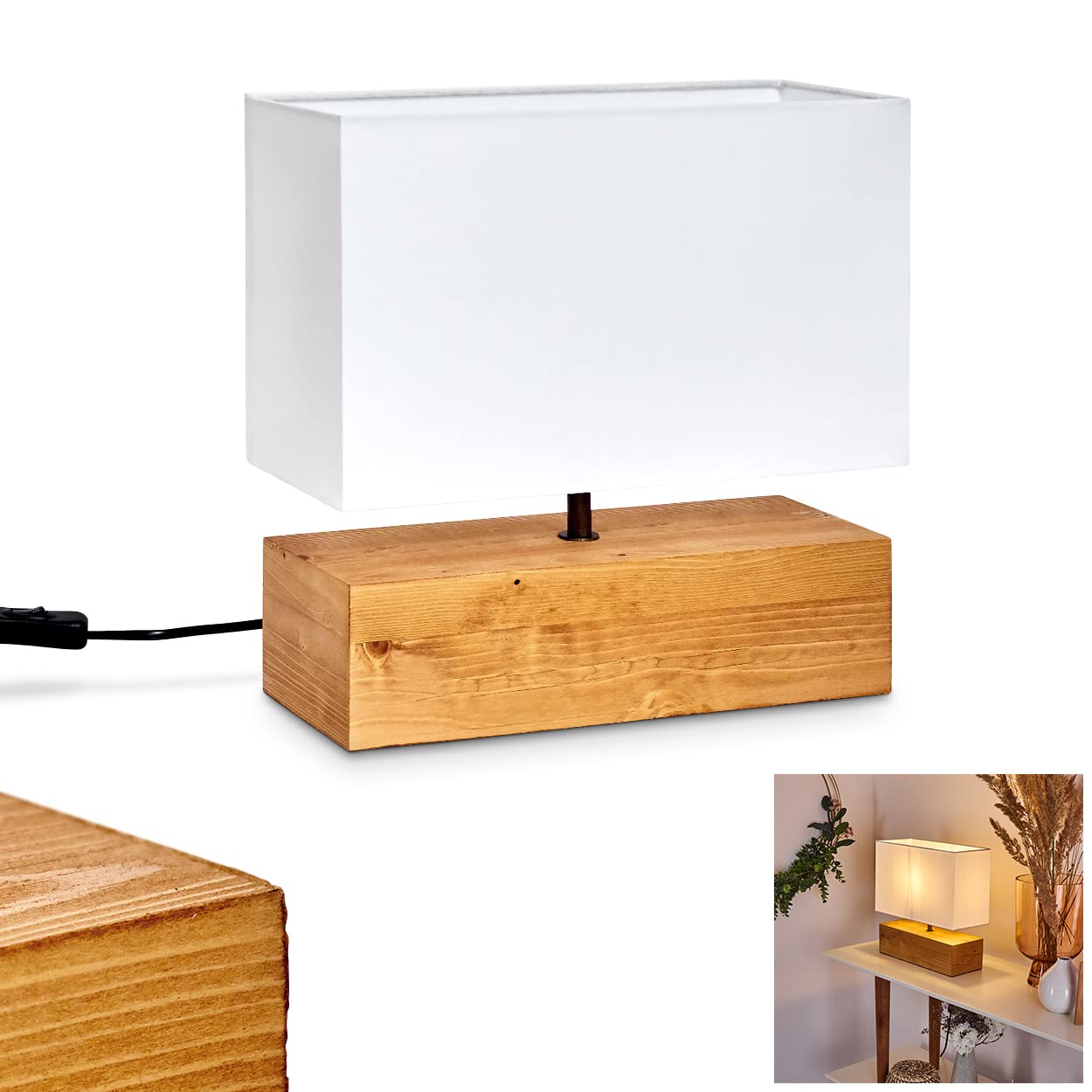 Hofstein White Table Lamp Geneva, Bedside Lamp Made Of Wood/Fabric In Nature/, Table Lamp 1-Flame In Scandinavian Design, 1 X E27, Length 30 Cm, Light With On/Off Switch On The Cable, Without Bulbs