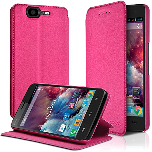 KARYLAX Seluxion - Housse Coque Etui à Rabat latéral Fonction Support Couleur Rose Fushia pour Wiko Highway + Film de Protection …