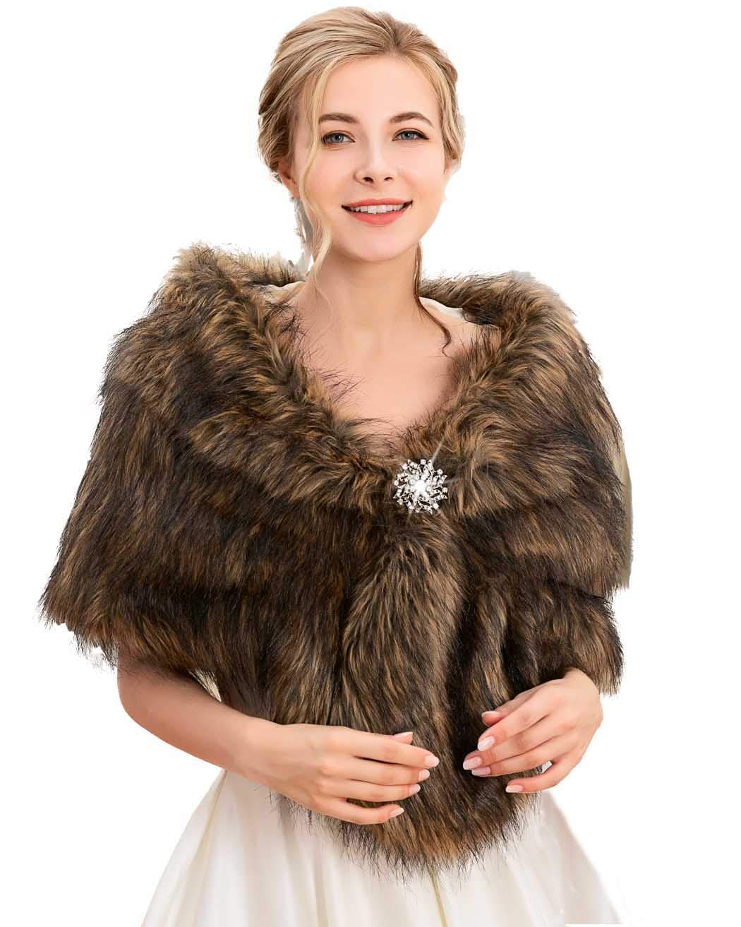 JEWEKY1920s Bride Wedding Fur Shawls and Wraps Winter Bridal Faux Fur Stoles and Scarfs for Women and Bridesmaids