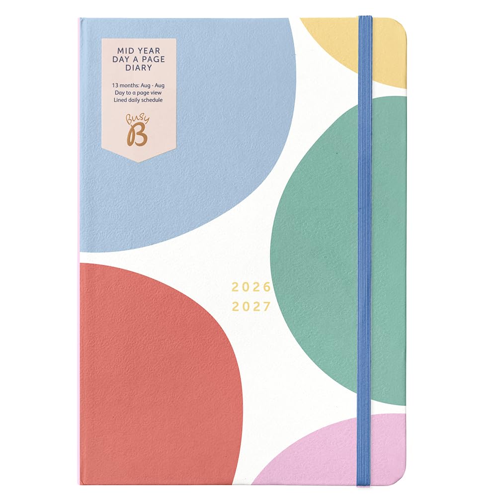 Busy B A5 Day- A-Page Diary - Mid-Year Academic Planner - Aug '26 - Aug '27 – Multi Spot Print Journal Cover - Diary with Day a Page Planner, Pen Loop, Notes, Timetables Year Planner & Elastic Closure
