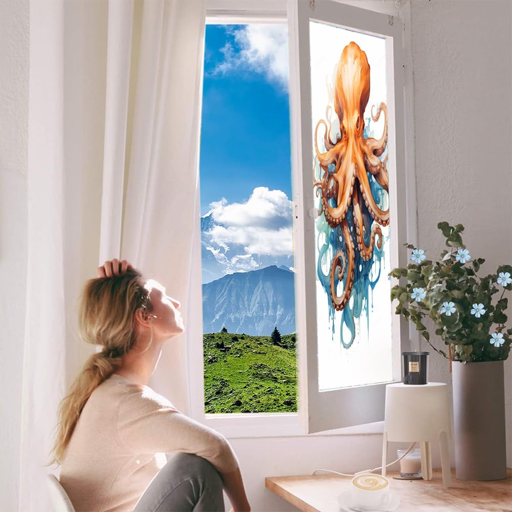 Mystery Octopus Window Privacy Film Blue Painting Modern Orange Animals Stained Glass Window Film Sun Blocking Heat Control Decorative Window Covering Film for Home Office 35.4Wx63L inch
