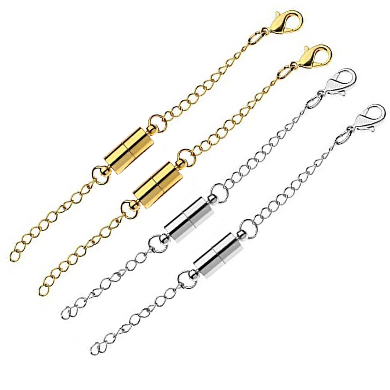 Magnetic Necklace Extenders, Adjustable Chain Extenders for Necklaces, Magnetic Necklace Clasps and Closures with Extender Chains (4pcs | Gold & Silver)