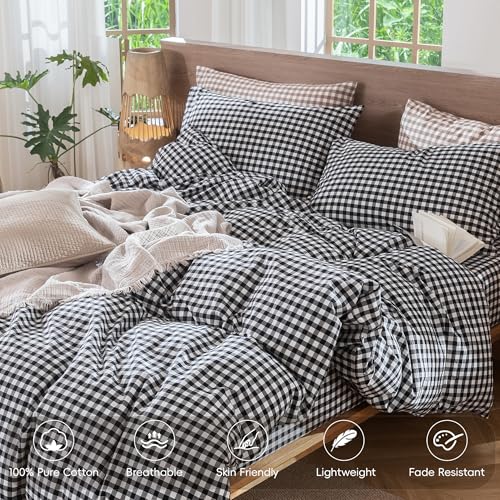 Image of MooMee Gingham Duvet Cover Set 100% Washed Cotton Linen Like | Relaxed Linen-like Texture. Soft, Breathable & Long-lasting Comfort. Lightweight. Hidden Zipper with 8 Interior Corner Ties