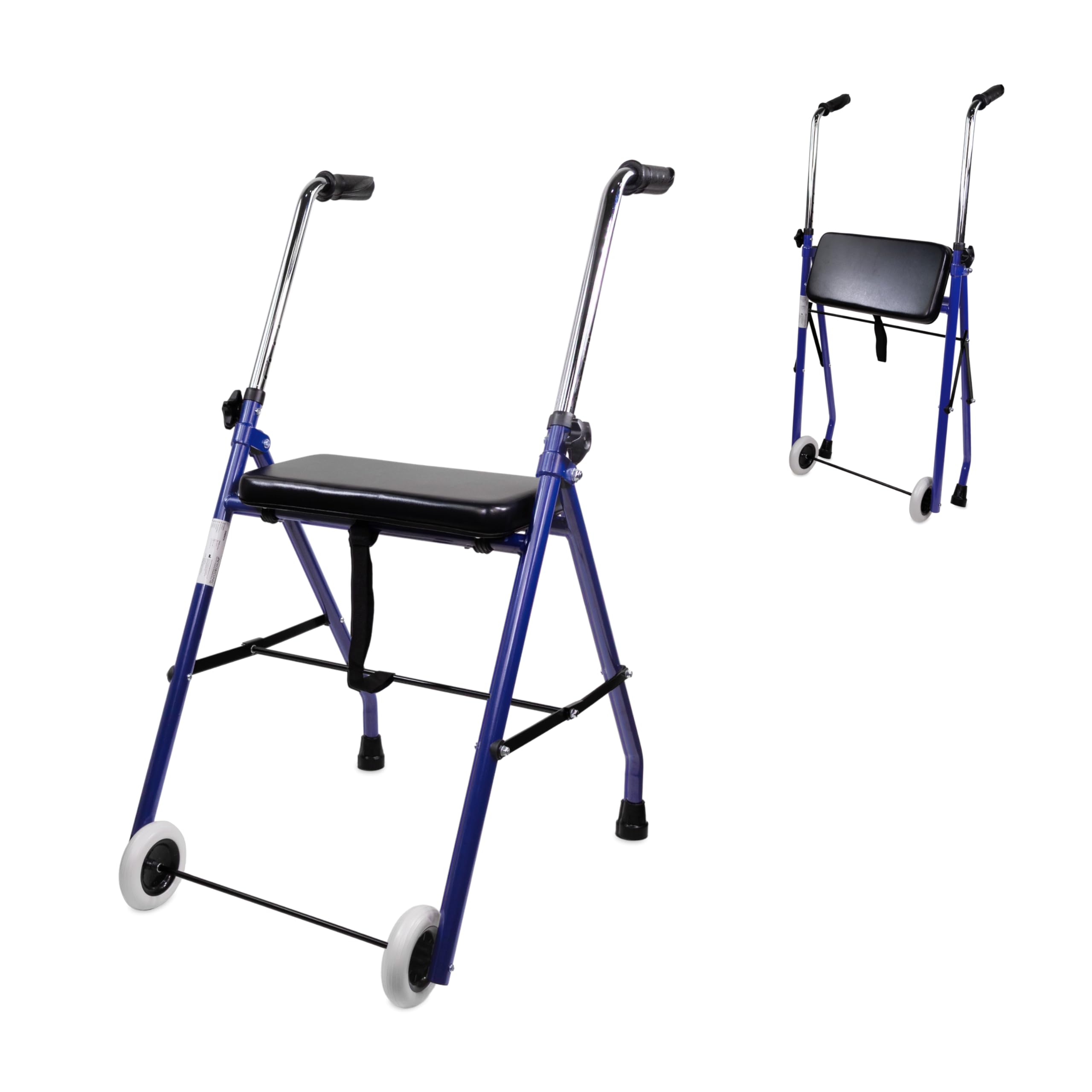 Mobiclinic®, Andador Plegable, Ajustable, Resistente, Emérita, Acero, Empuñaduras Ergonómicas, Ligero, con Asiento y 2 Ruedas, Azul
