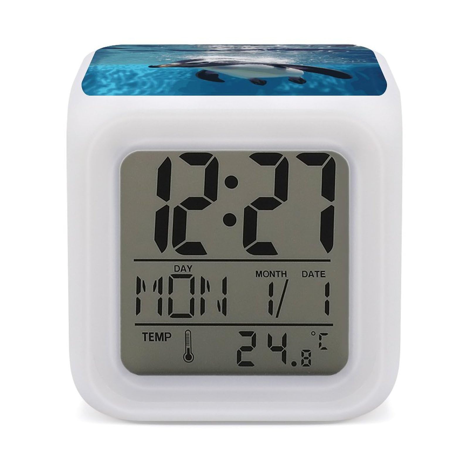 VstaDank Swimming Penguin Alarm Clock with 7 Color Changing Night Light Date Temp Display Wake Clocks LED Display Digital Clock Electric Desk Clocks for Living Office Bedroom Decor